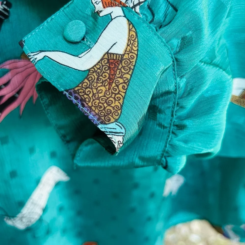 VINTAGE 80s Diane Von Furstenberg DVF Piano Player Art Deco Blouse Teal M - Picture 6 of 7